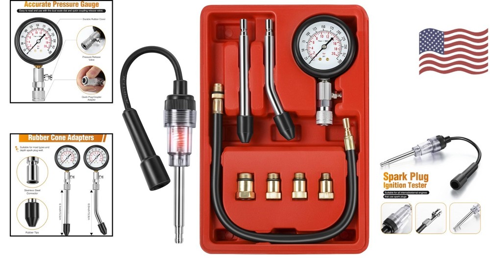 Universal 9-Piece Automotive Compression Tester & Spark Plug Tester in Red