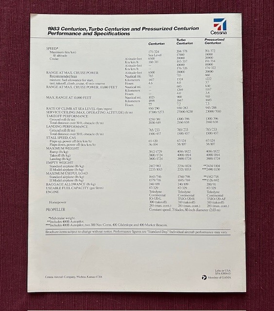 Cessna Centurions 1983 Brochure