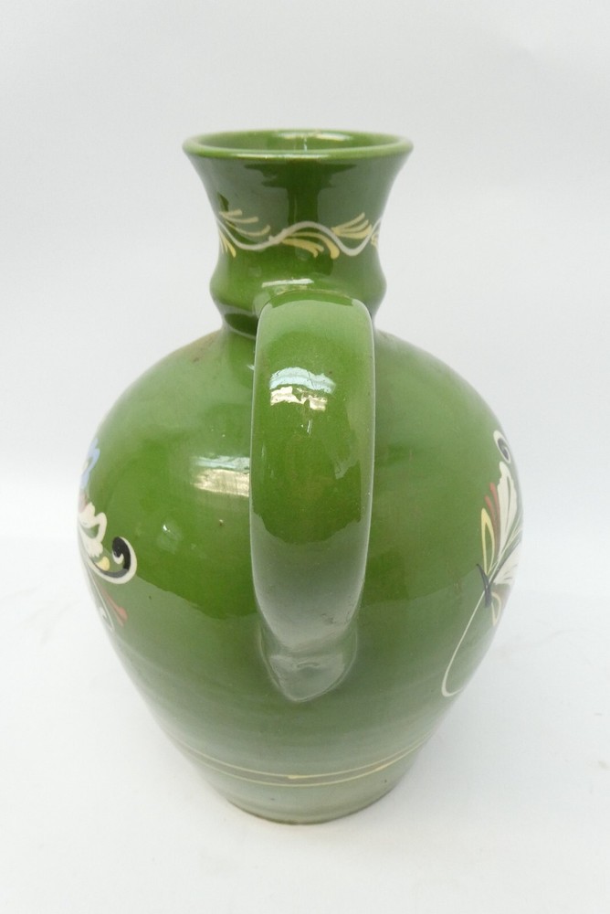 Green Hand Painted Made in Morocco Ceramic Floral Pattern Redware Jug One Handle