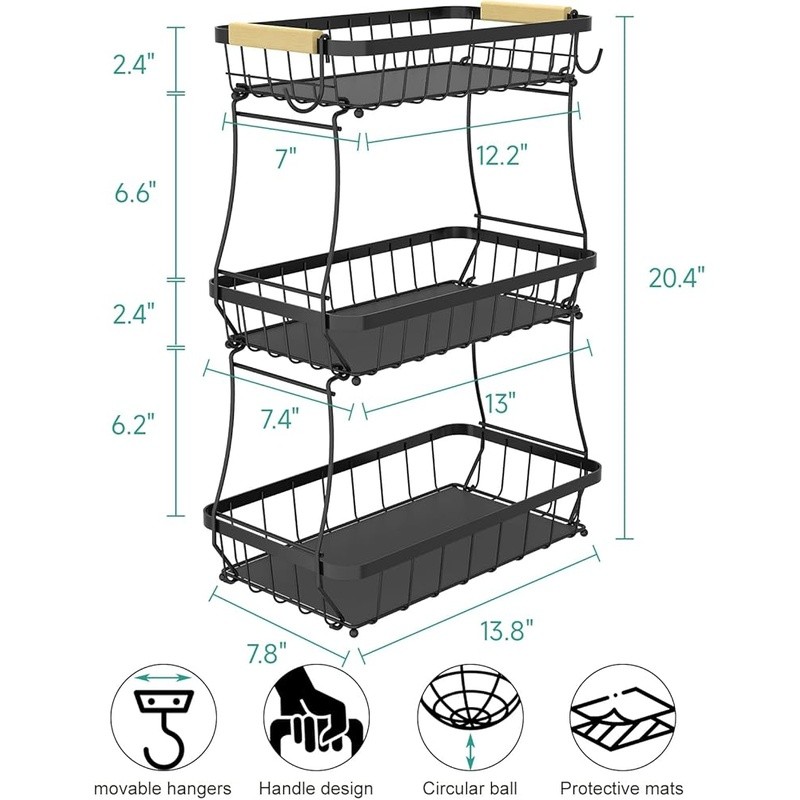 Stackable Fruit Basket W/ Banana Hooks Easy Assembly Durable Kitchen Storage New