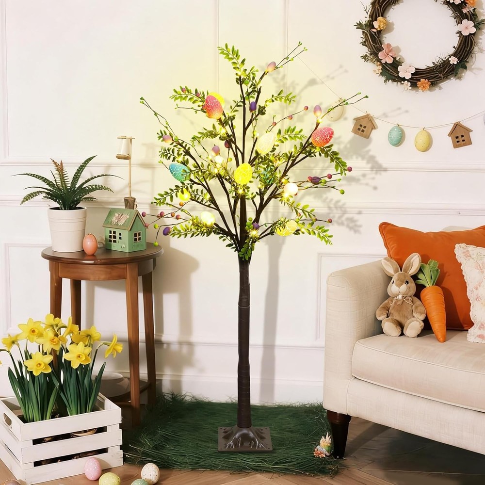 4FT Lighted Easter Tree with Timer, Pre-Lit Artificial Egg Trees with Co