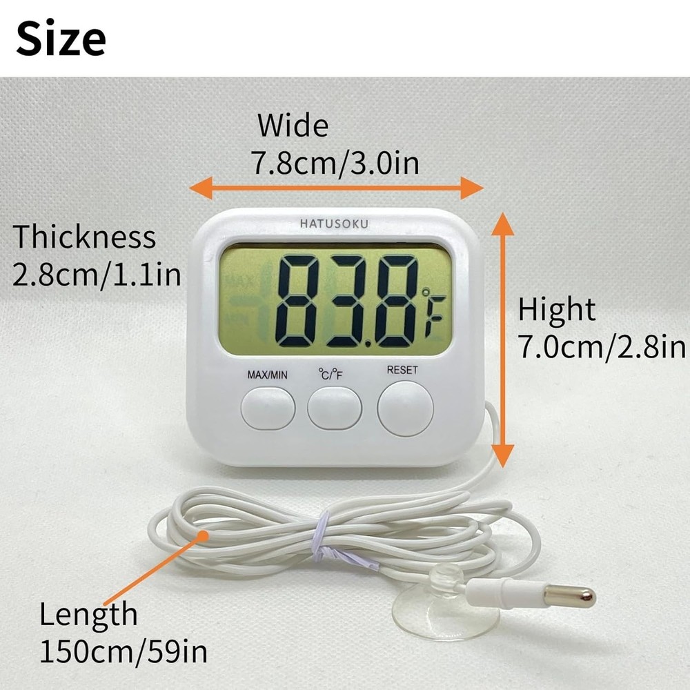 Digital Thermometer with External Sensor for Aquariums & Refrigerators - White
