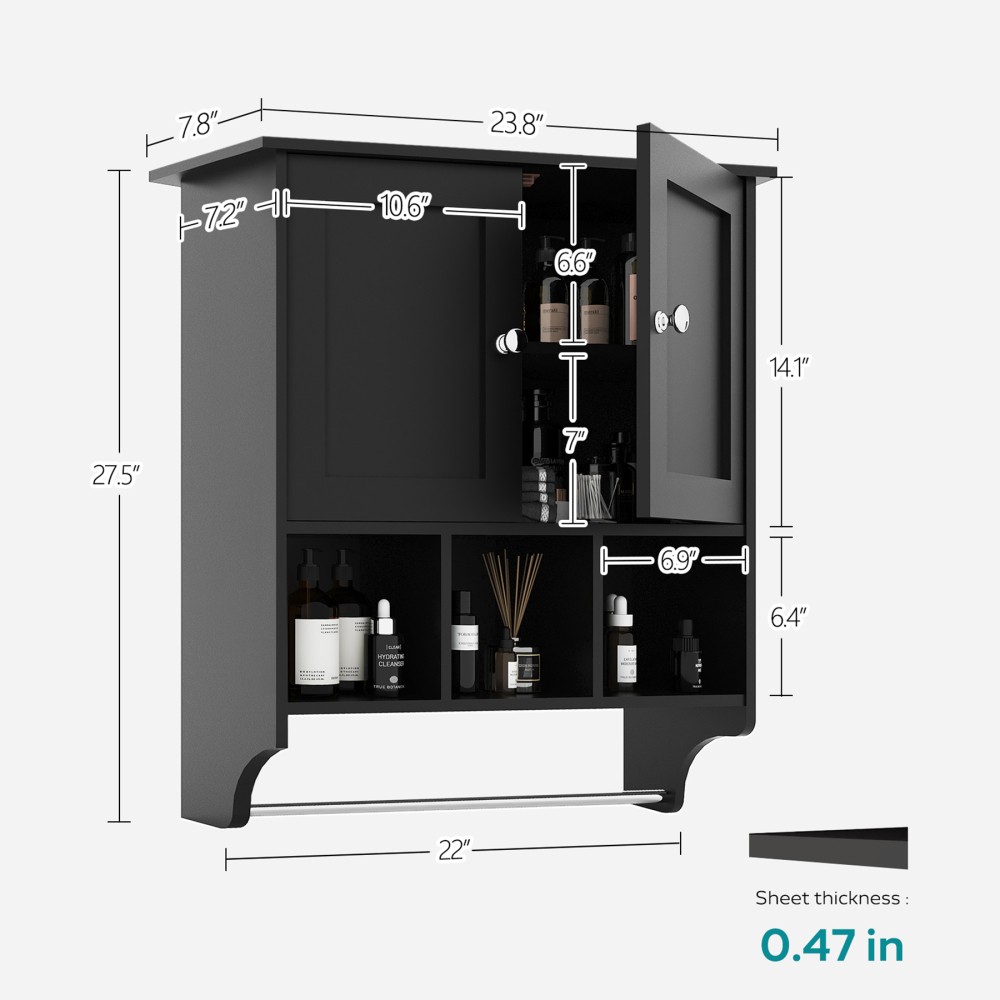 Bathroom cabinet with adjustable shelves and compartments, includes towel rack