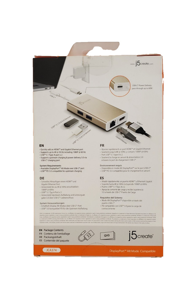 j5create - JCA374 - USB-C Multi Adapter HDMI, Ethernet/USB 3.1 HUB/PD 3.0