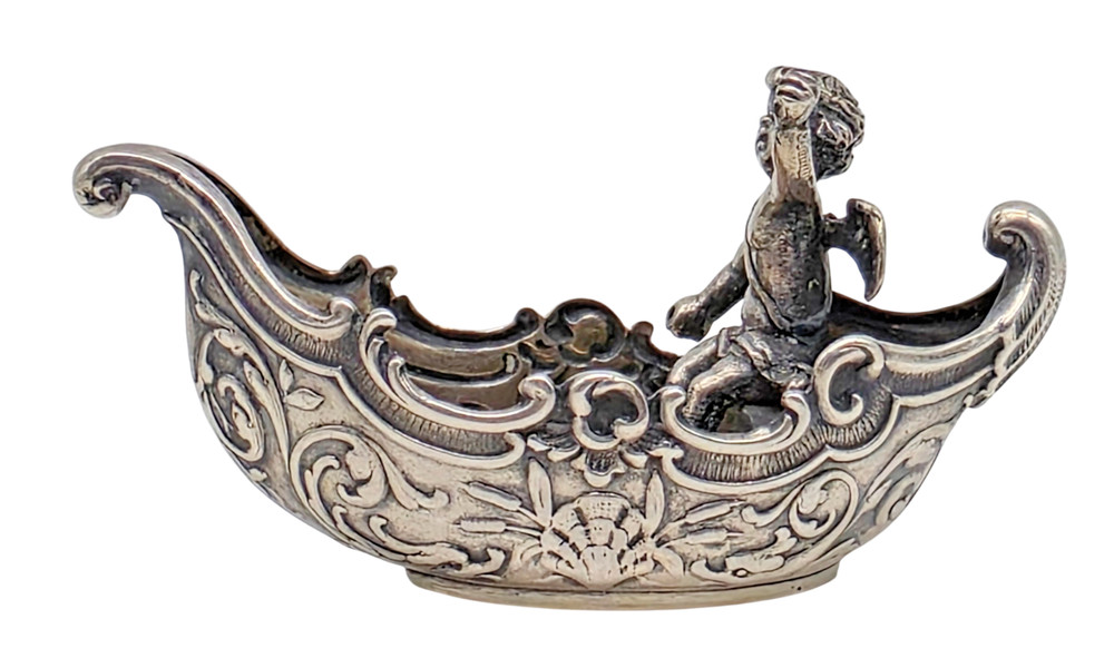 VINTAGE German Solid .800 Silver Cherub in Boat Ship Figure