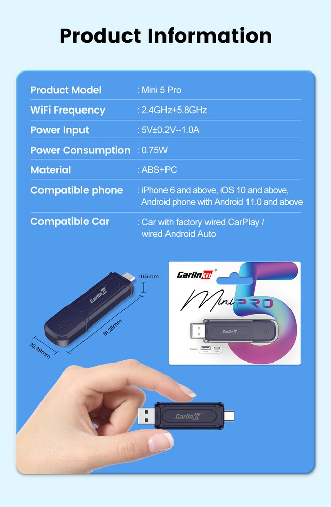 CarlinKit MINI 5.0 Pro 2-in-1 Wireless CarPlay Android Auto Ai Adapter Plug&Play