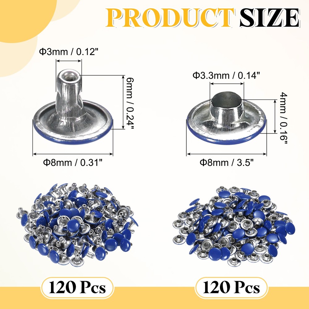 120 Sets Leather Rivets, 8mm Double Cap Rivets 6mm Tubular Studs, Dark Blue