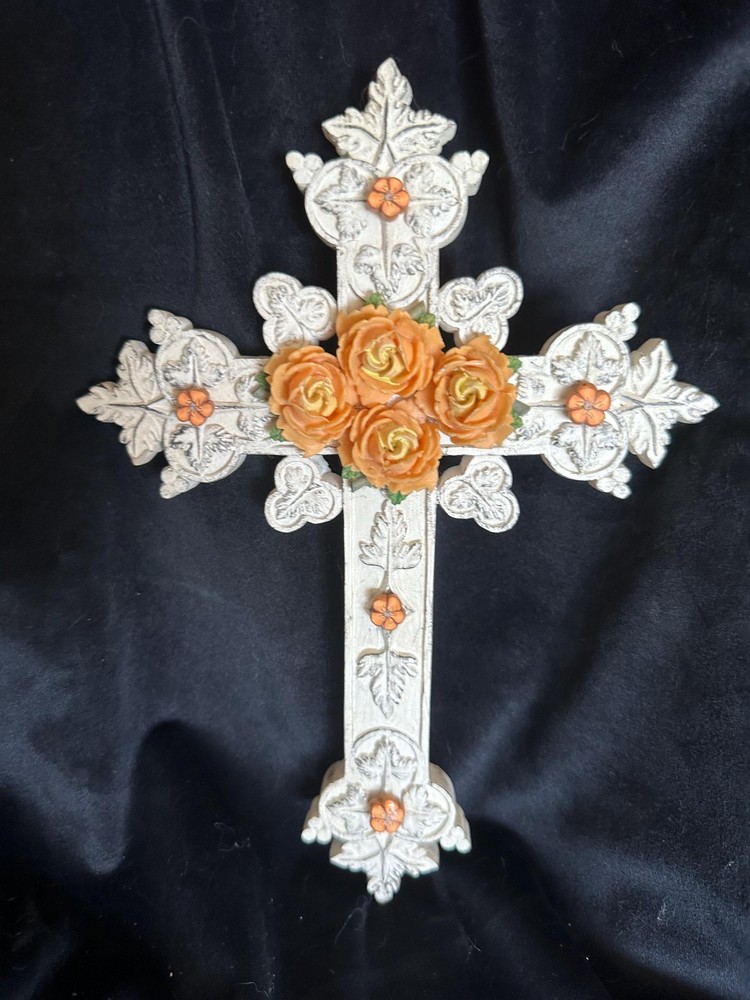 White Ceramic Cross - Golden Roses