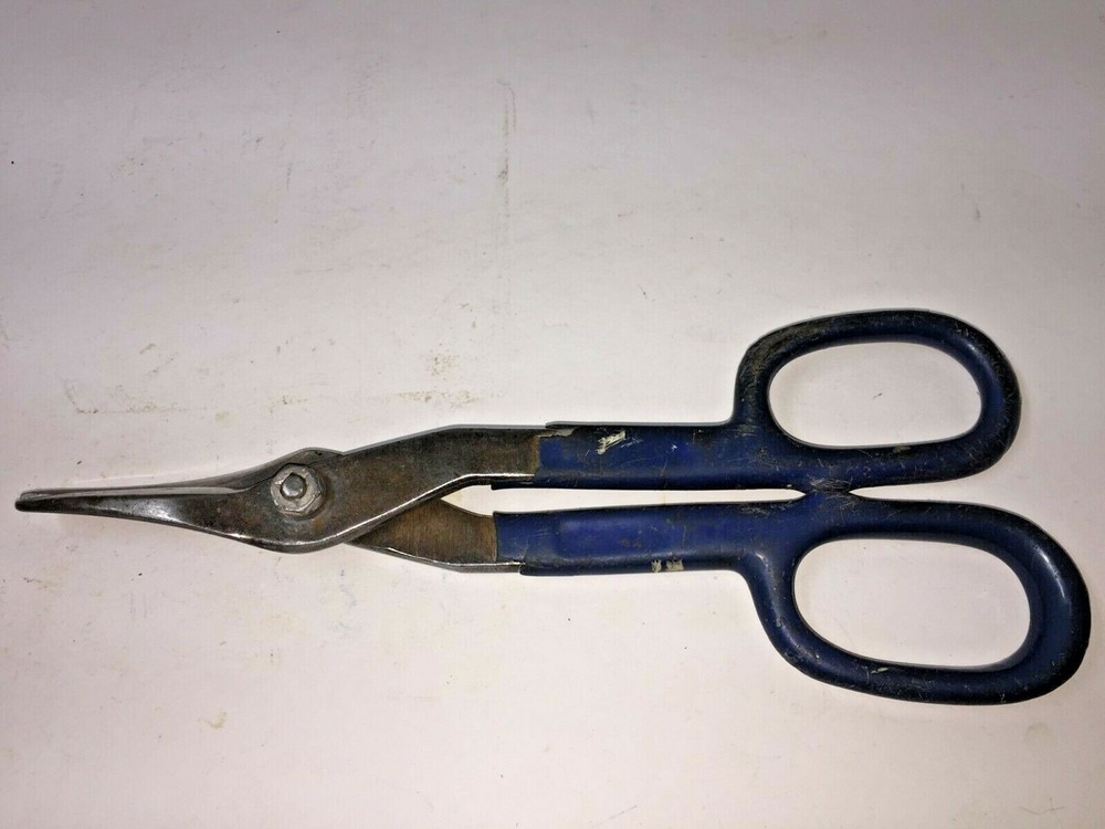 Vintage 10" Metal Tin Snips Blue Handle Grips Clean Work Great Sharp Tool DIY
