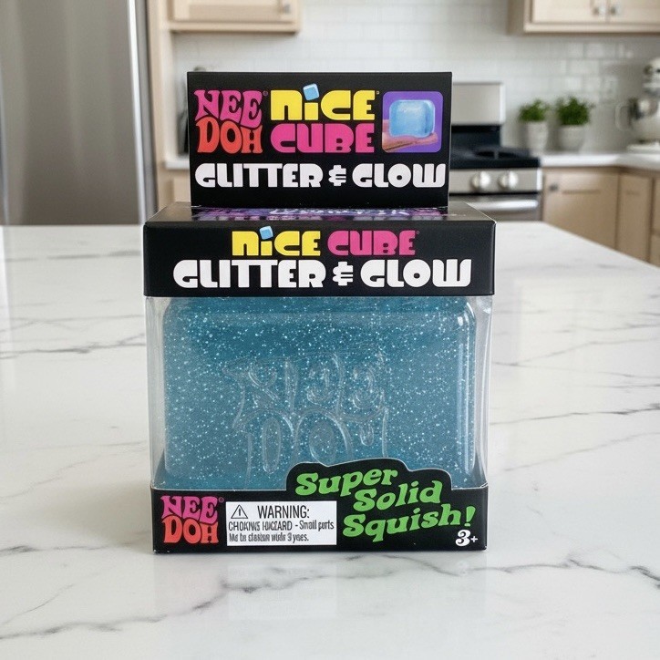 Nee Doh Nice Cube Glitter & Glow Squishy Blue New Sealed Fast Ship