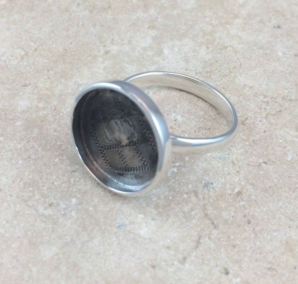 Sterling Silver Ring Blank 15mm Round Bezel Cabochon Setting Adjustable Finding