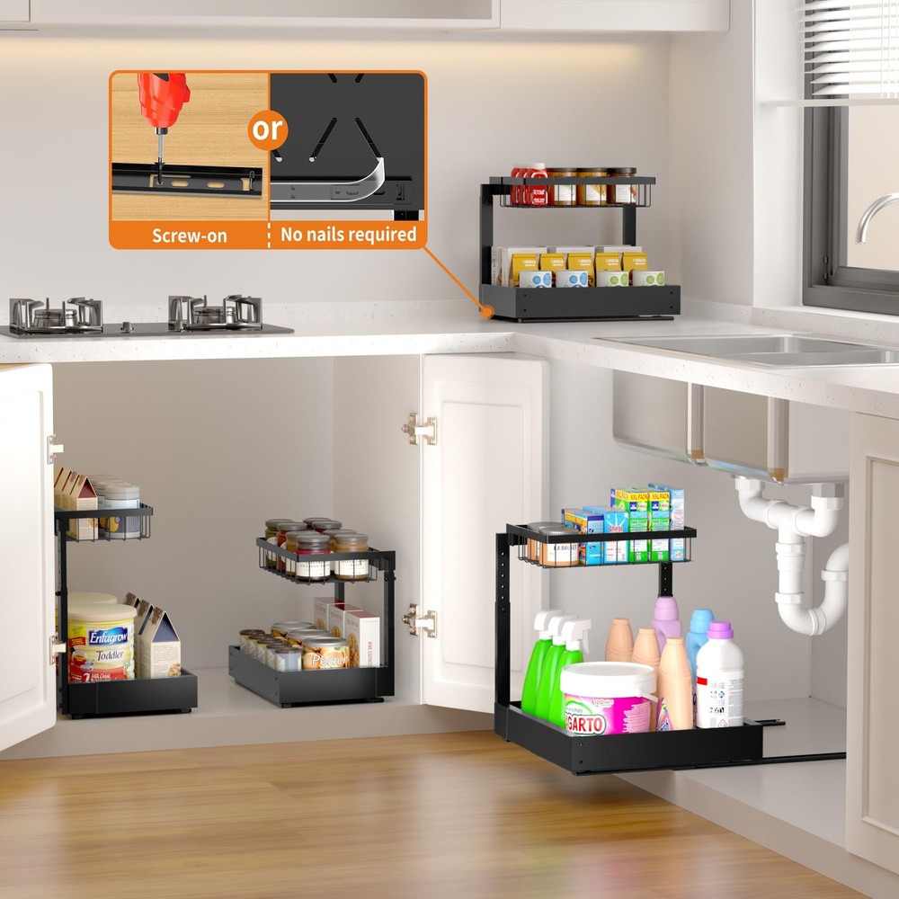 2-Pack Expandable Under Sink Organizers and Storage, 2-Tier Adjustable Pull-O...