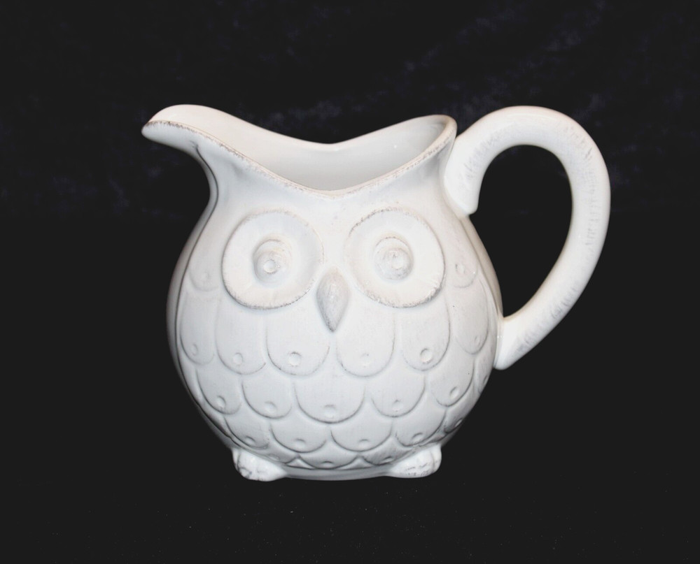 White Owl Pitcher Earthenware Pottery Savinio Designs Fall Cottagecore Décor 6"