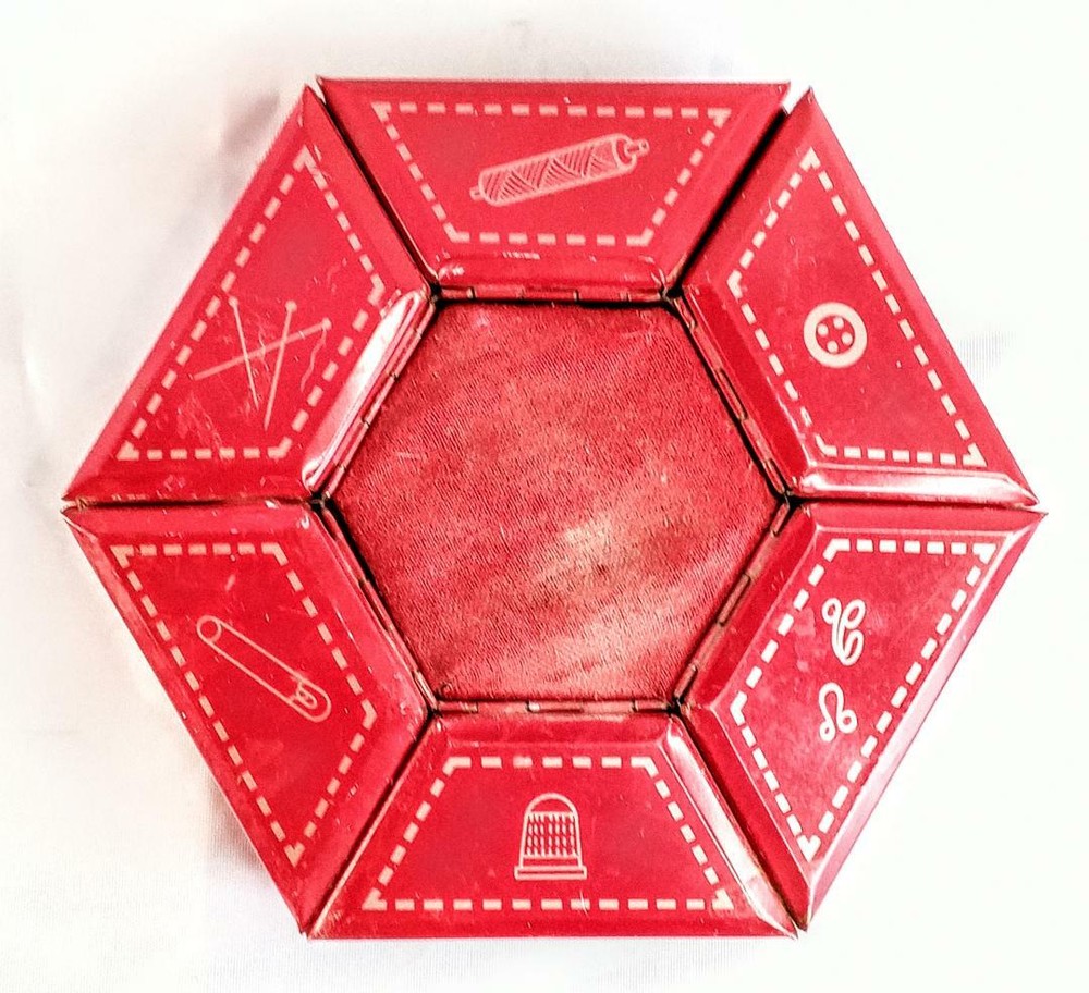 Vintage Tin Hexagon Six Compartment Sewing Accessories Container ~ Rotates