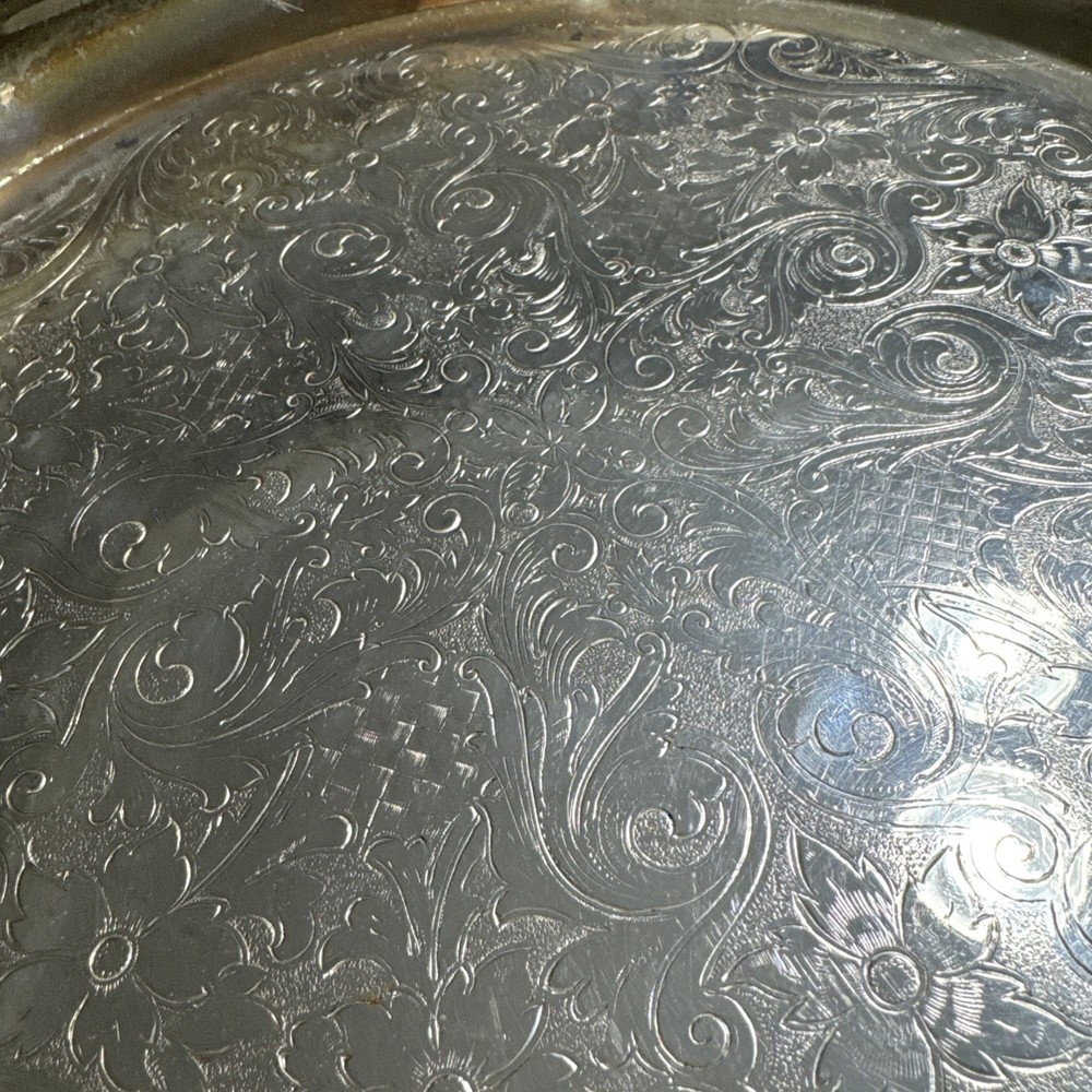 Vintage Silver Plate Serving Tray Floral Pattern 15”