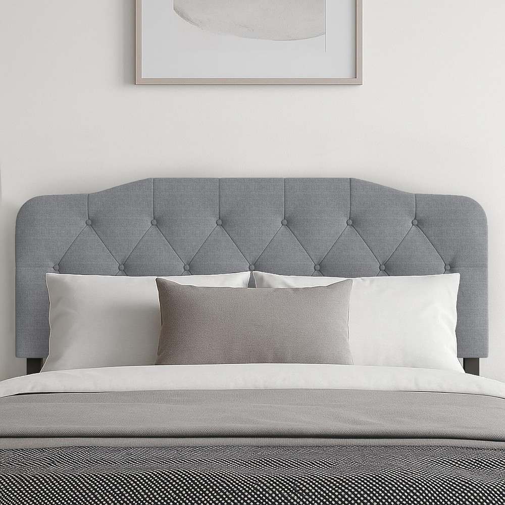 Angela Full Size Button-Tufted Upholstered Headboard with Adjustable Height, Gra