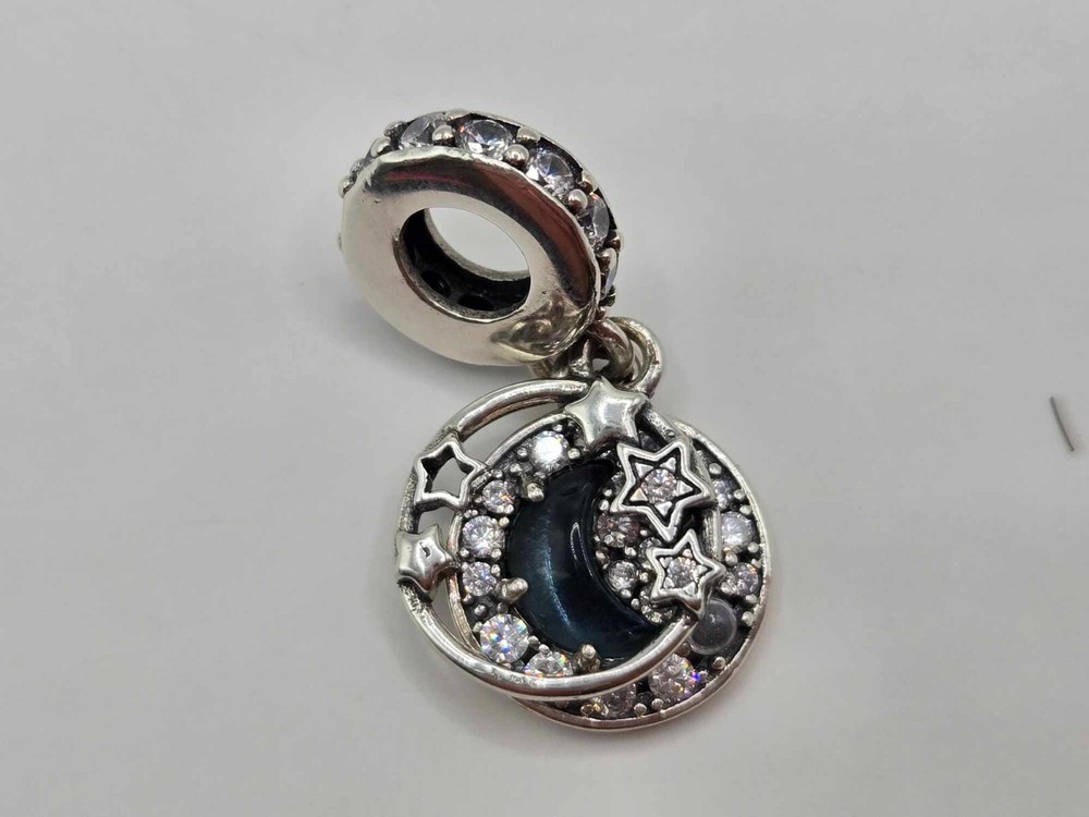 Authentic Pandora Charm Blue Night Sky Crescent Moon & Stars Dangle