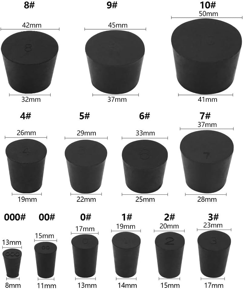 34 Pack Solid Rubber Stoppers 13 Assorted Sizes 000# - 10# Black Tapered Lab B
