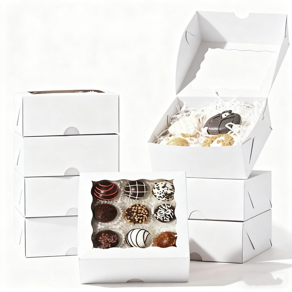 55 Pack 6"x6"x2.5" White Bakery Boxes with Window Cookie Boxes Small Cake Box...