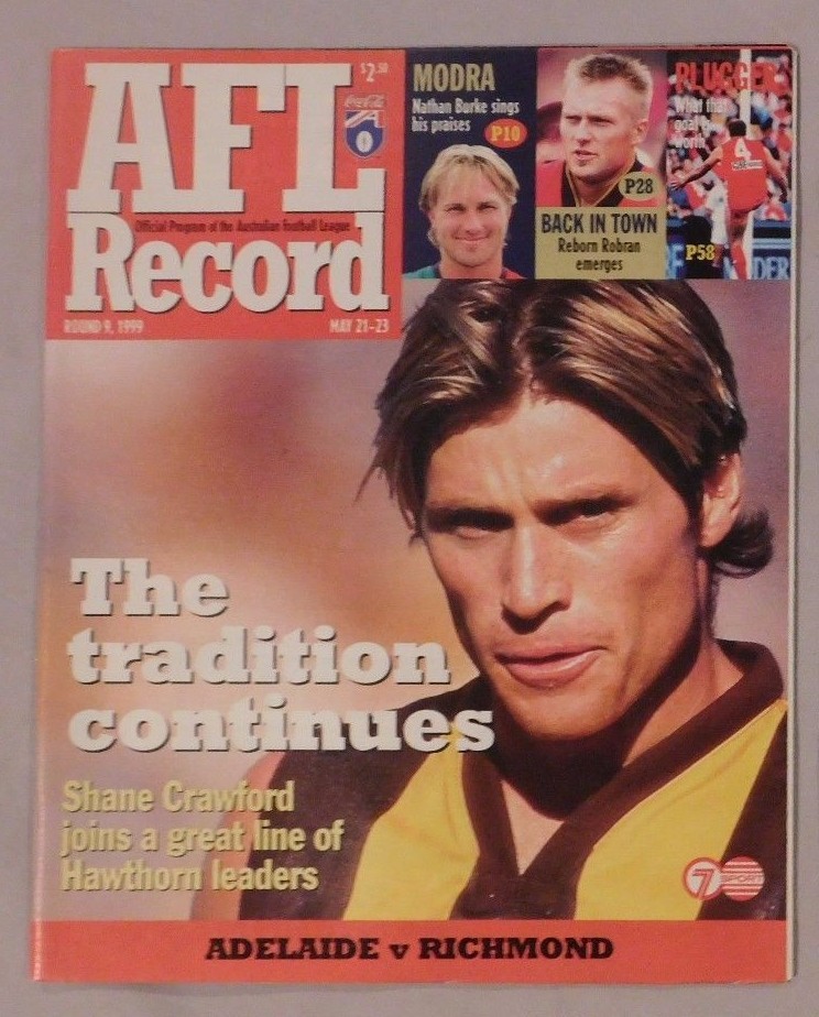 1999 AFL RECORD PROGRAM ADELAIDE Vs RICHMOND SHANE CRAWFORD