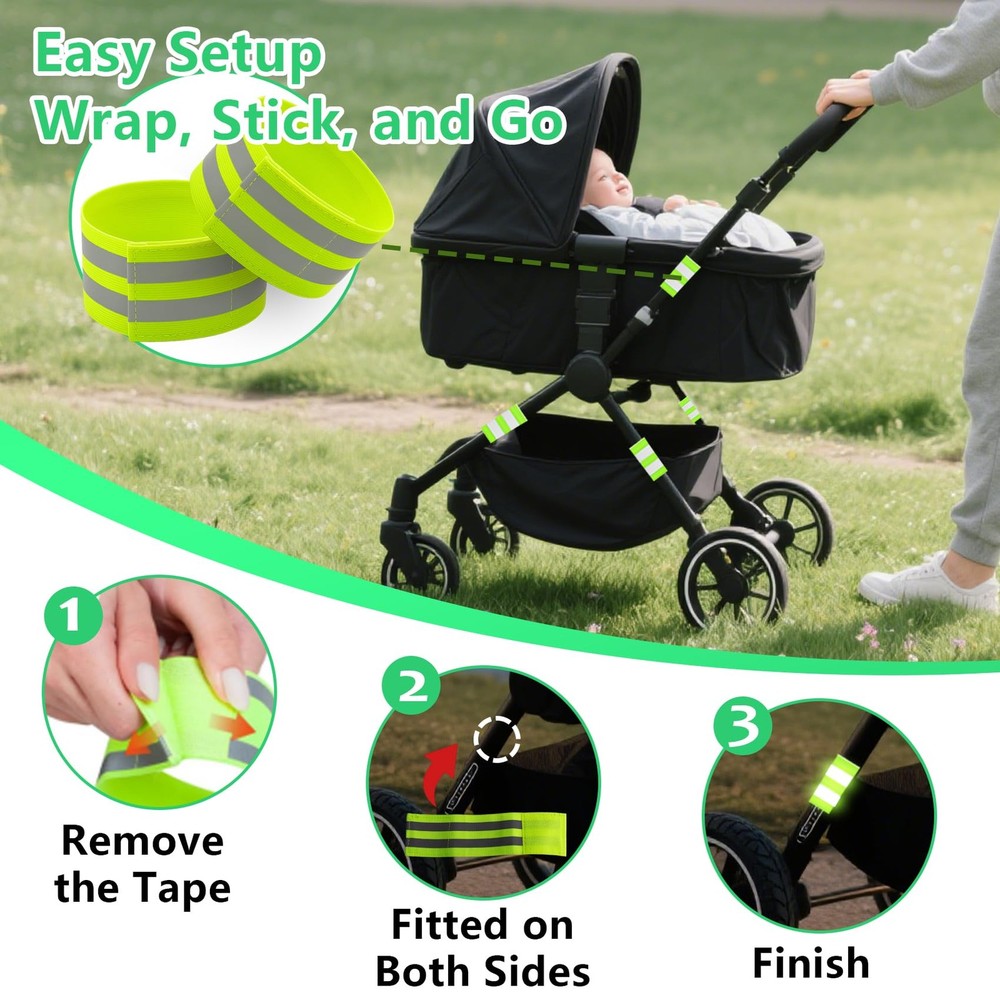 6-Pack Reflective Bands for Strollers, High Visibility Reflector Green
