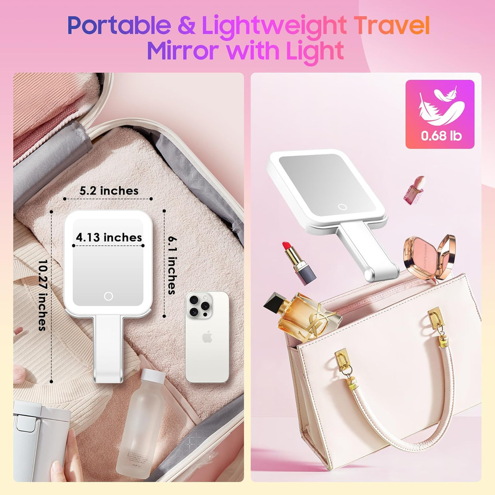 Double-Sided 30X/1X Magnifying Travel Mirror with Adjustable Light and Foldable