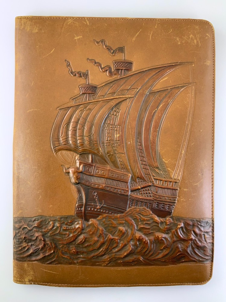 1970s Vintage Leather Document Holder With Sailing Ship BB220