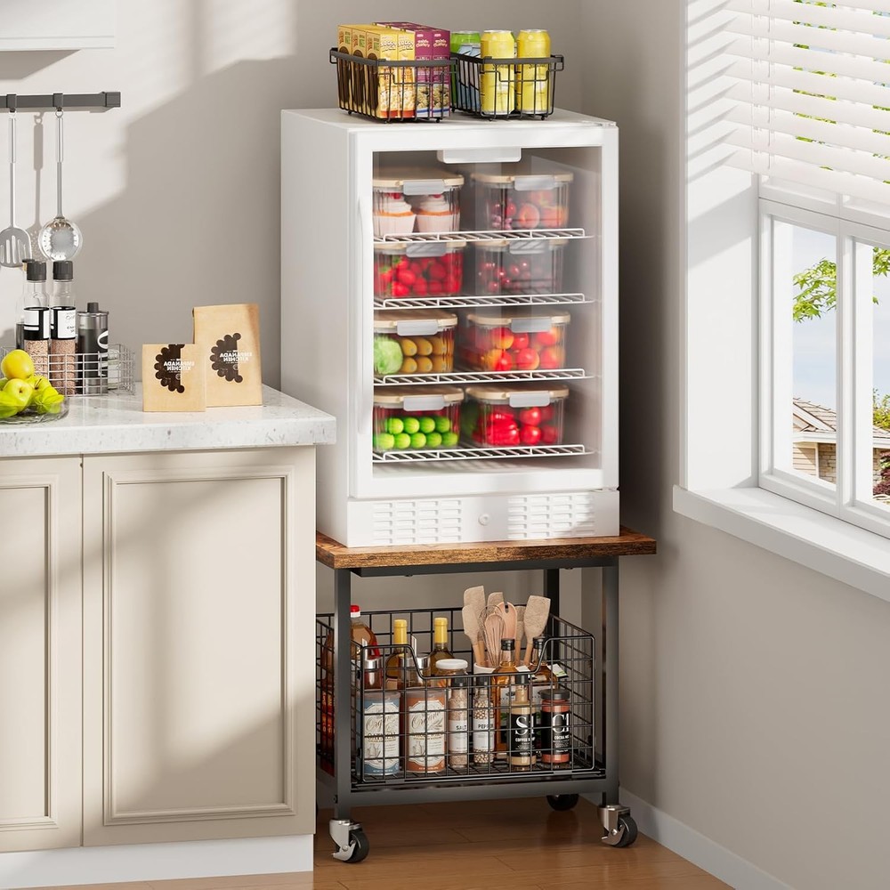 Mini Fridge Stand with Storage, Small Refrigerator Stand with Wheels,(Brown)