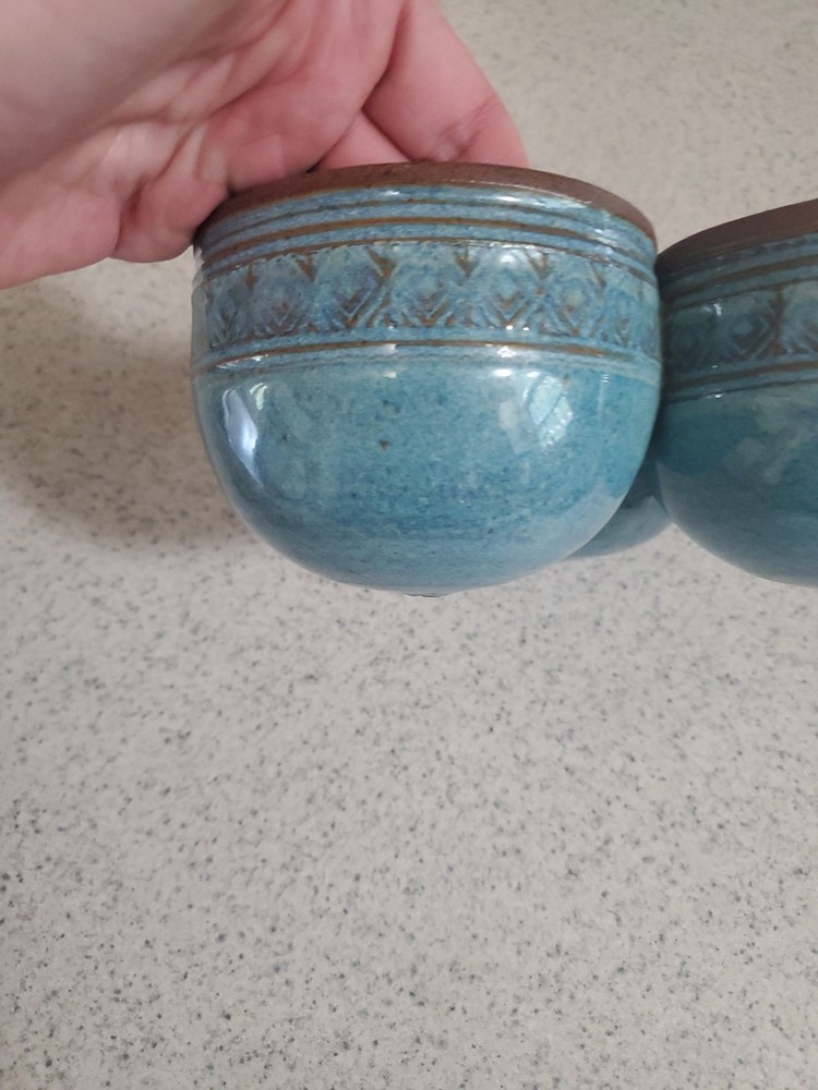 Blue Stoneware Pottery Three Bowl Succulent Planter Connected Drainage Hole