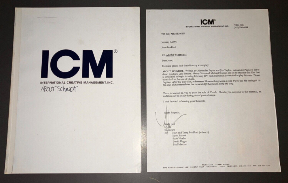 ABOUT SCHMIDT (5/8/2000) Nicholson/Alexander Payne / Bound Agency Draft + COA!
