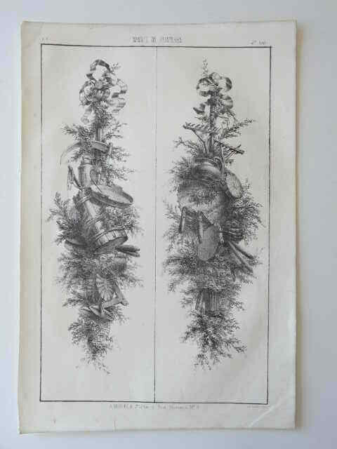 Large Lithograph 19th Flowers Tools Decoration Ornament Engraving