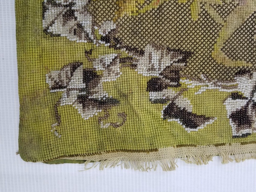 Antique Victorian Needlepoint & Beaded Work Floral Panel 48x42cm