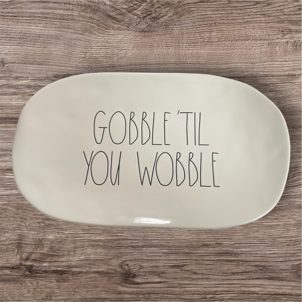 Rae Dunn Ceramic White Rectangle Thanksgiving Platter Gobble 'Til You Wobble