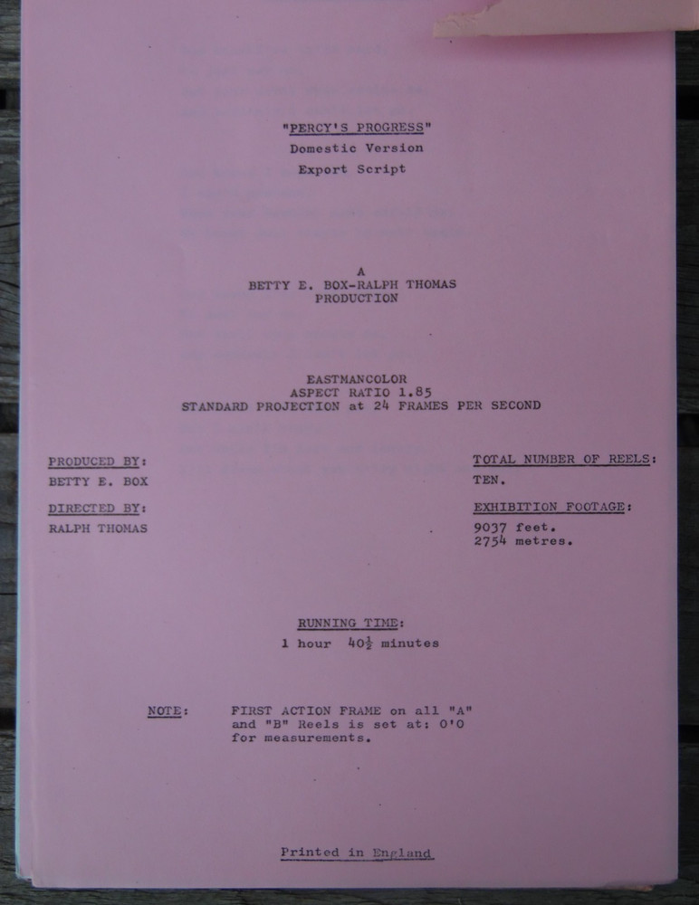 Vintage "PERCYS PROGRESS" Original Domestic Version Export Movie Script 1974