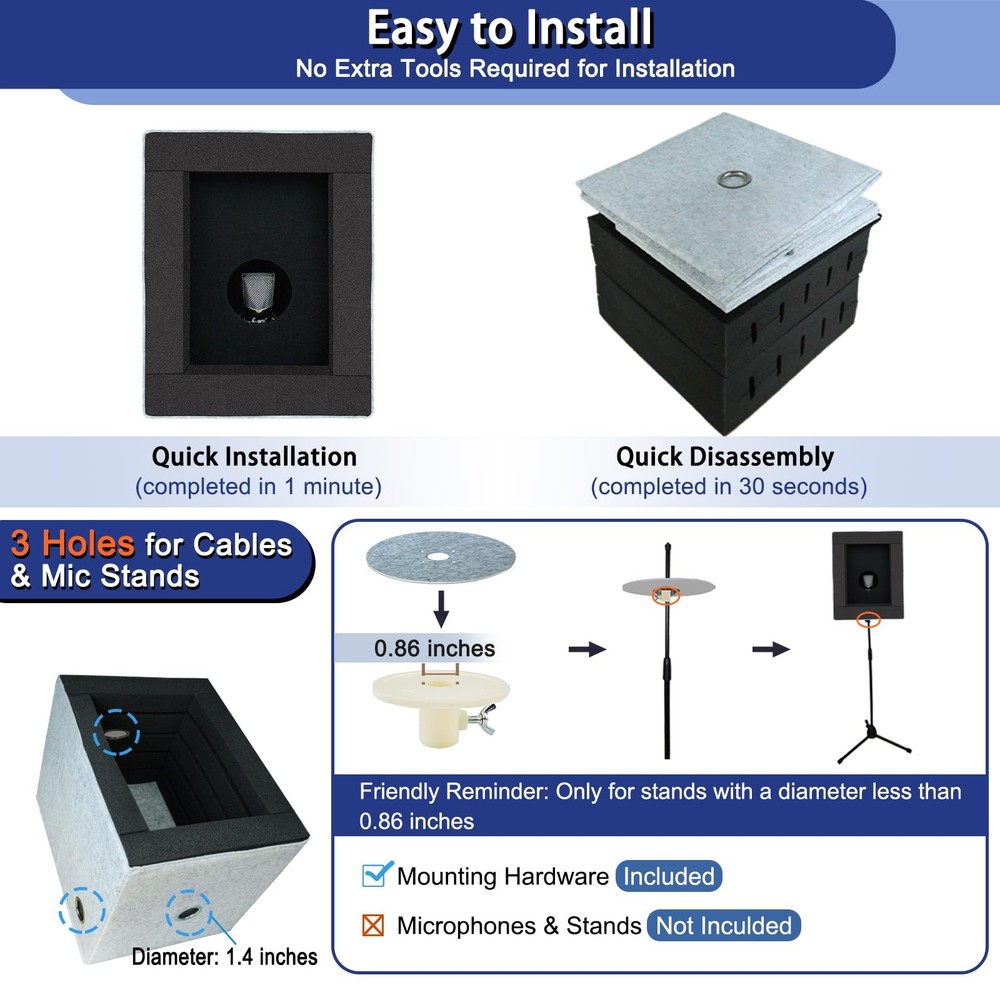 Enclosed Vocal Booth, Portable Microphone Isolation Shield, Foldable Reflecti...