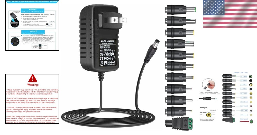 Lightweight 24W Universal AC Adapter DC12V 2A with 11 Tips for Multiple Devices