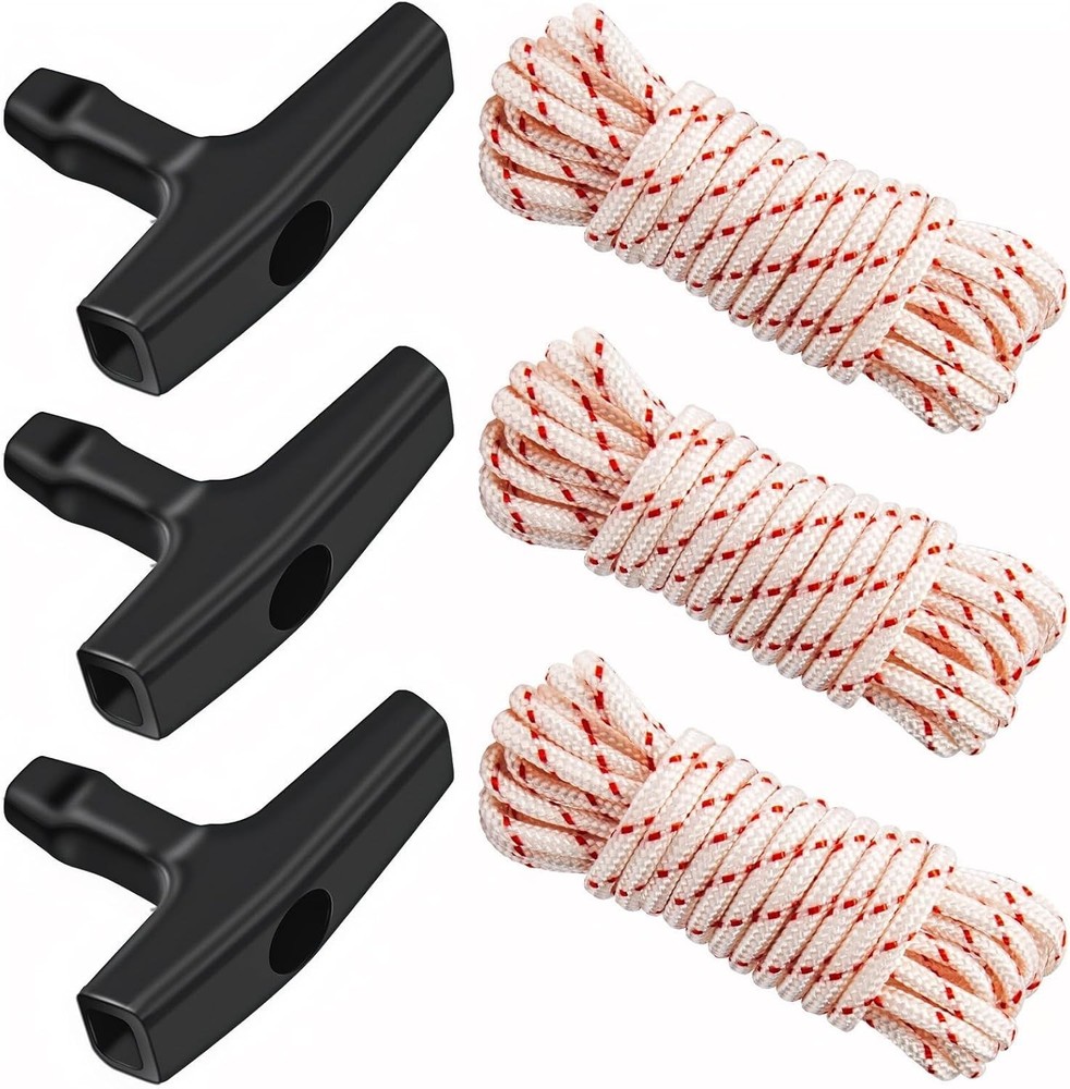 3 Pack 10 ft x 9/64 (3.5mm) Pull Cord Rope with Starter Handle White & Red