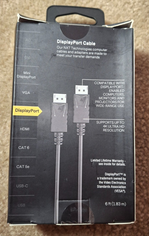NXT TECHNOLOGIES DISPLAYPORT 6 FT CABLE, NEW, NX51763