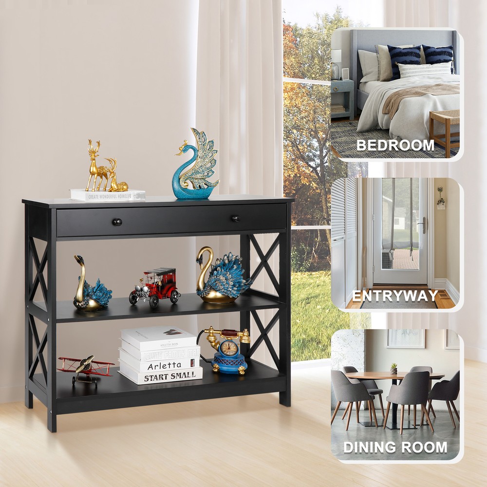 3 Tier Wood Console Table Entryway Table Narrow Sofa Side Table w/Drawer Black