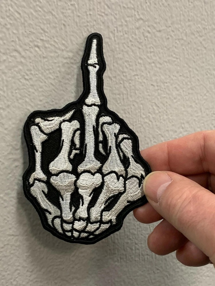 Middle Finger Skull Bone Skeleton Patch 5" X 3" (Black & White)