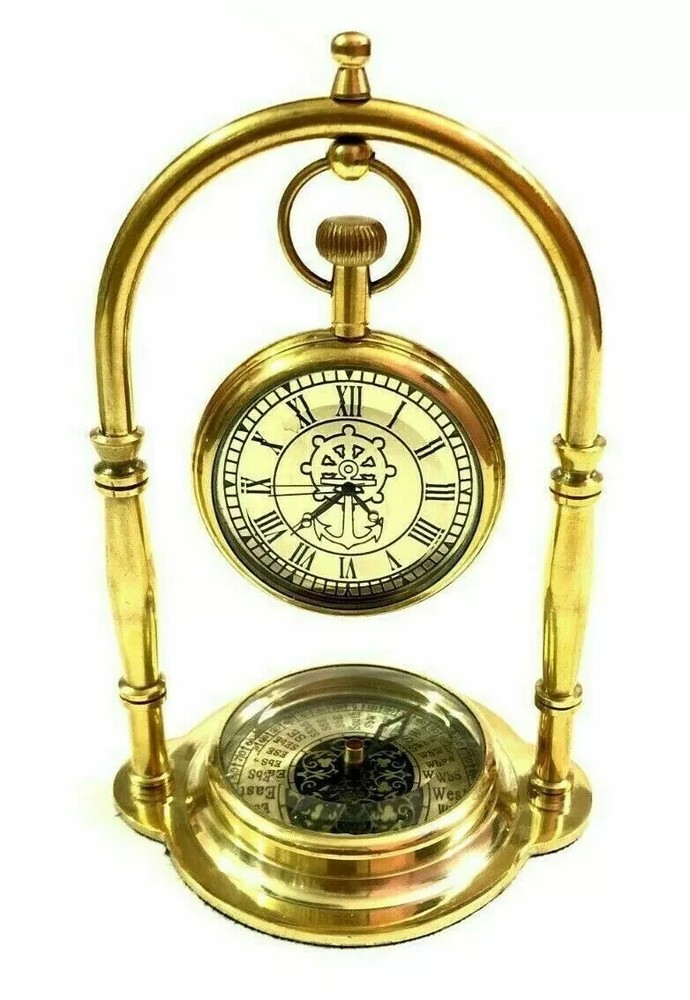 Nautical Victorian London Brass Table Top Decor Clock with Compass