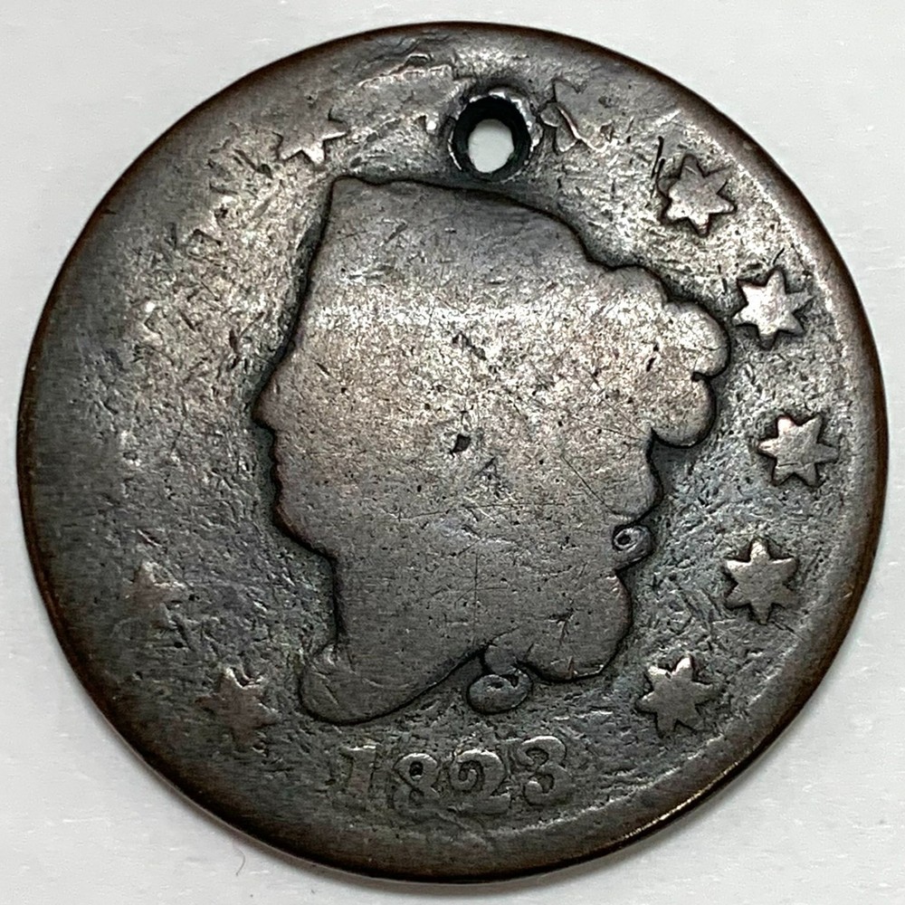 1823 1C Coronet Head Large Cent Key Date: Holed