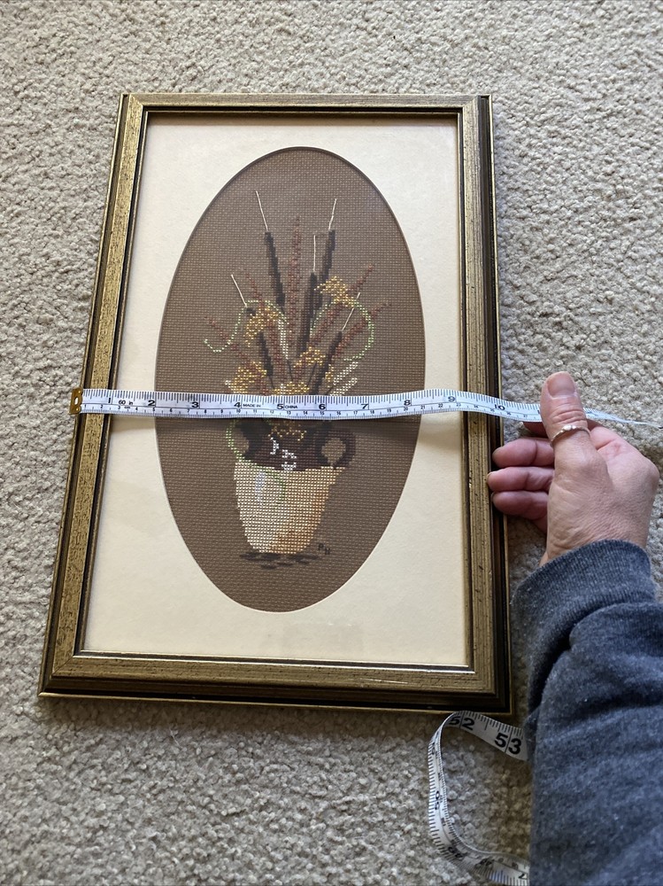 Framed Crosss Stitch Pitcher And Cattails - 15” X 10”