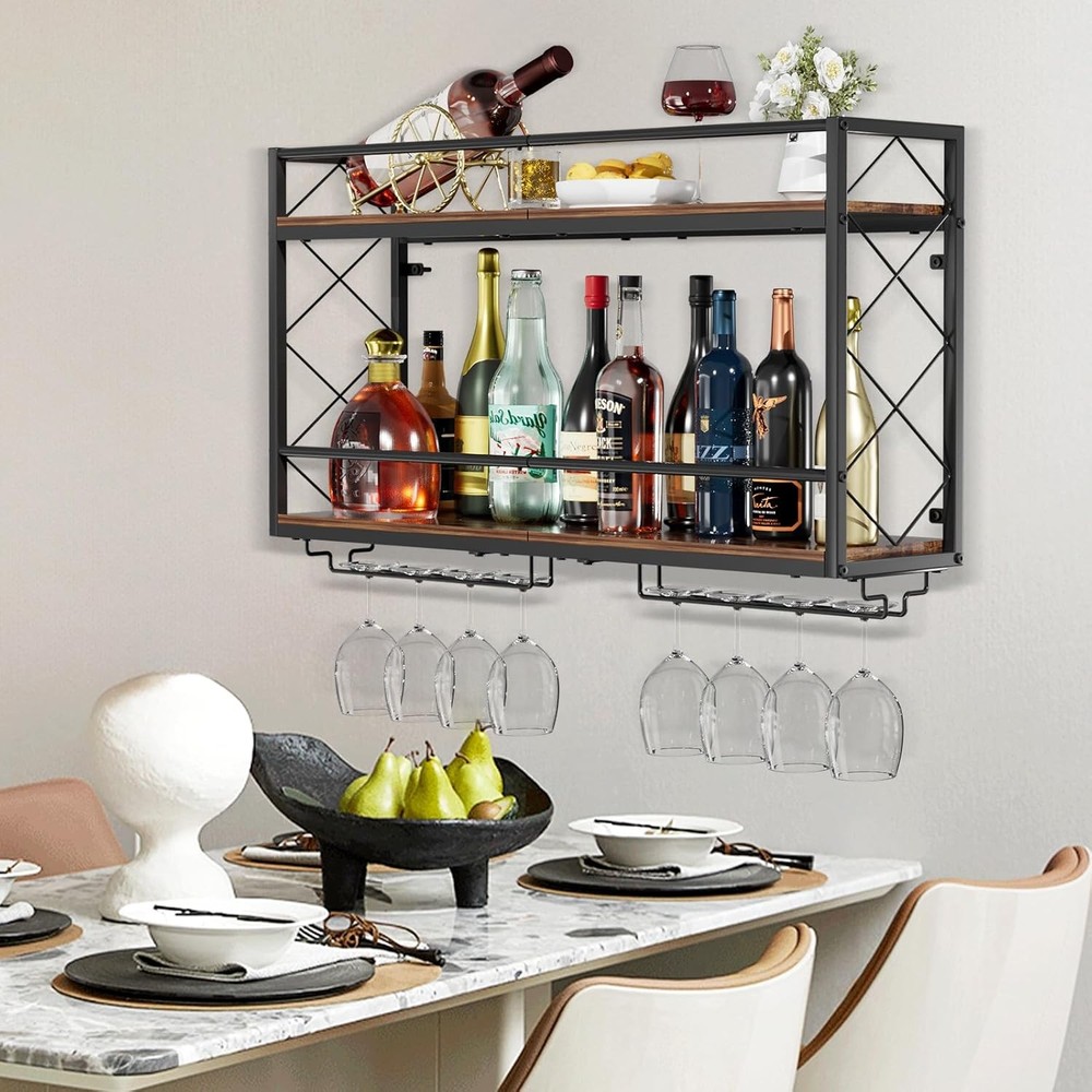 Wine Rack Wall Mounted 2 Tier Wall Wine Rack W/ Glass Holder Double Layer
