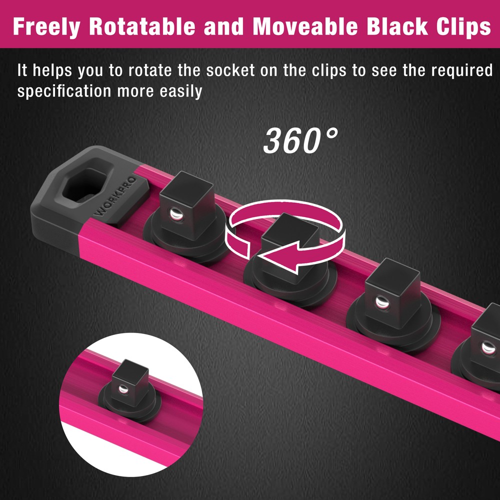 WORKPRO Magnetic Socket Organizer 3/8''Drive Aluminum Alloy Socket Rail Rose red