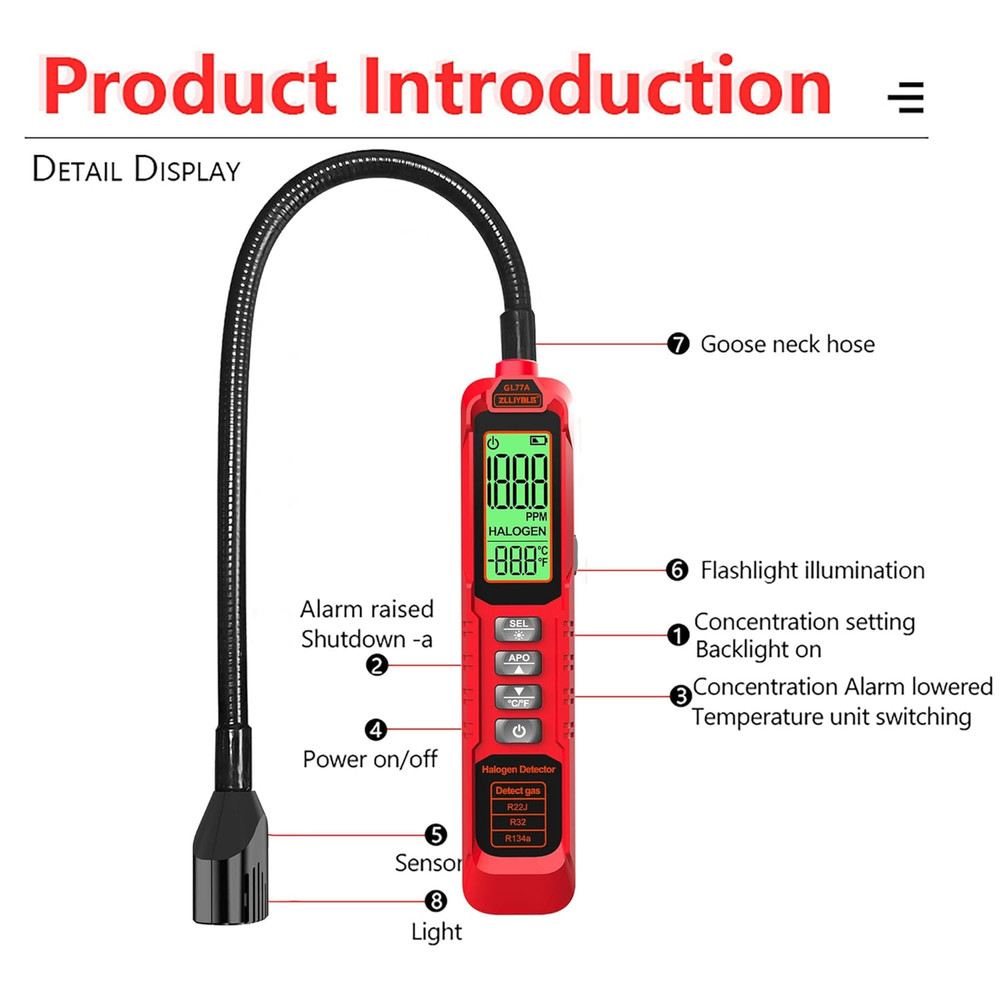 High Sensitivity Halogen Freon Leak Detector with UV Light Probe - Heated Diode