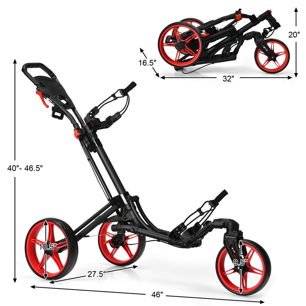 3 Wheels Foldable Golf Push Pull Cart Trolley w/ Adjustable Handle Brake Red
