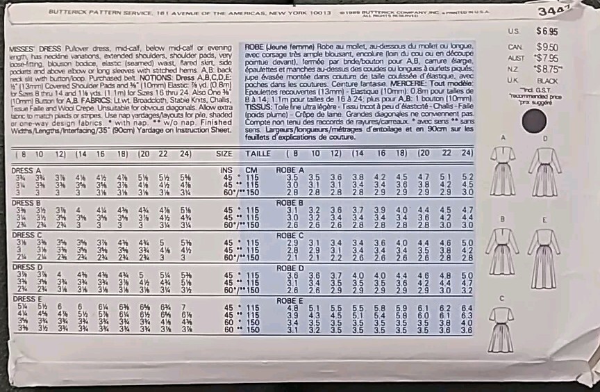 Sewing Pattern Butterick 3447 Pullover Dress Size 20 to 24