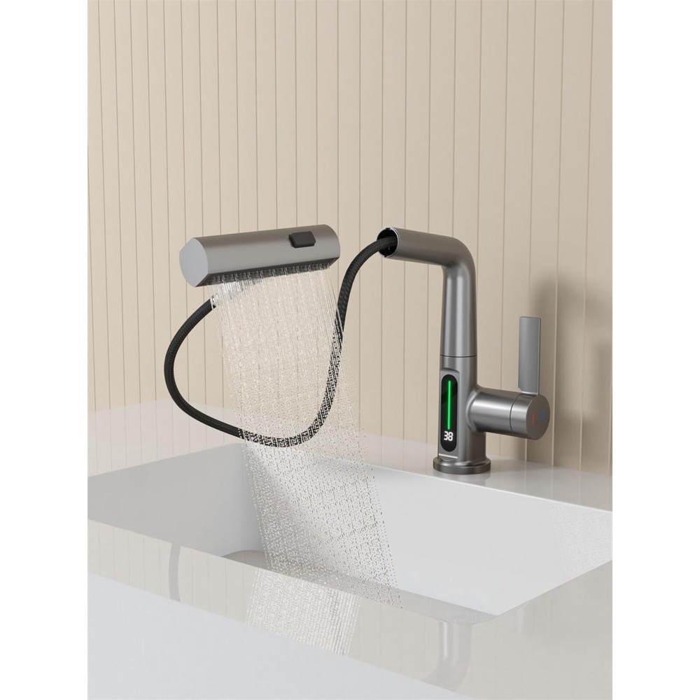 Waterfall & Pull-Out Faucet with Temperature Display in Gun Metal