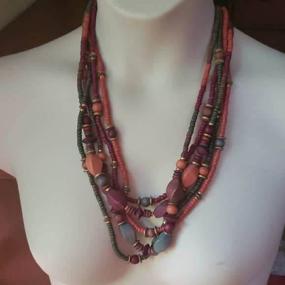 Beaded Solid String Style Layered Wooden Necklace Vintage Boho Handmade 14 inch